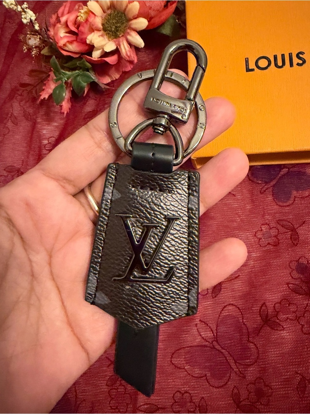 LBlack Leather Keychain with LV Logo